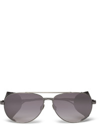 Bottega Veneta Aviator Style Leather Trimmed Titanium Sunglasses