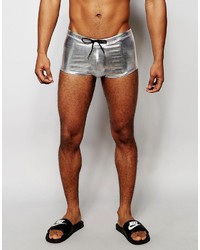 Asos Brand Swim Hipster Trunks In Metallic Silver