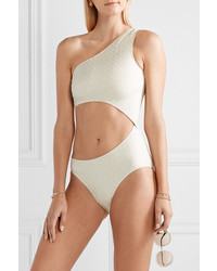 Lisa Marie Fernandez Eugenie One Shoulder Cutout Metallic Seersucker Swimsuit