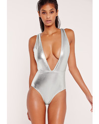 Missguided Faux Leather Plunge Swimsuit Silver