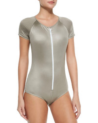 Cover Short Sleeve Zip Swimsuit Metallic