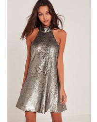 Missguided Silver High Neck Halter Sequin Swing Dress