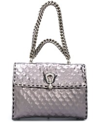 Silver Textured Leather Tote Bag