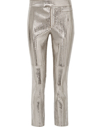 Silver Vertical Striped Leather Skinny Pants
