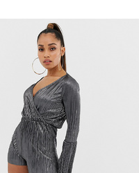 Missguided Petite Plisse Wrap Front Playsuit In Silver