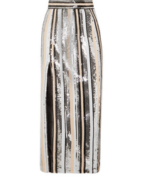 Silver Vertical Striped Sequin Midi Skirt