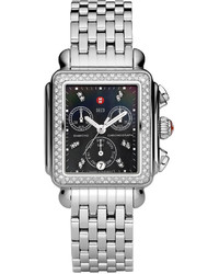 Michele 18mm Deco Diamond Black Dial Watch Head Steel