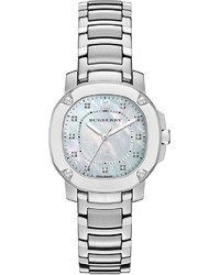 Burberry 34mm Octagonal Stainless Steel Watch With Mother Of Pearl Diamonds