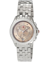 Michele 37mm Belmore Bracelet Chronograph Watch W Diamonds Beigesteel