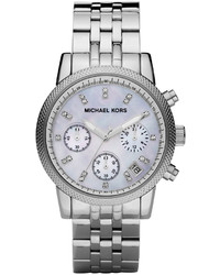 Michael Kors Michl Kors Mid Size Silver Color Stainless Steel Ritz Chronograph Glitz Watch