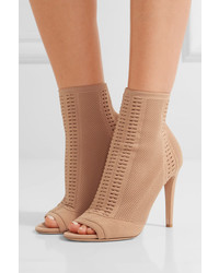 Gianvito Rossi Vires 105 Peep Toe Perforated Stretch Knit Ankle Boots Sand