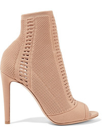 Gianvito Rossi Vires 105 Peep Toe Perforated Stretch Knit Ankle Boots Sand