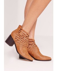 Missguided Woven Detail Pointed Toe Ankle Boots Tan