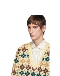 Gucci Beige Argyle Wool V Neck Sweater