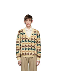 Gucci Beige Argyle Wool V Neck Sweater