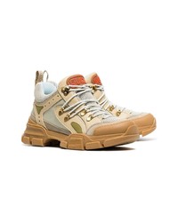 Gucci Beige Green And Brown Flashtrek Leather And Mesh Sneakers