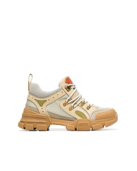 Gucci Beige Green And Brown Flashtrek Leather And Mesh Sneakers