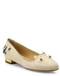 Charlotte Olympia Kitty Floral Embroidered Linen Flats