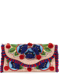 Tory Burch Embroidered Floral Flap Clutch Bag Naturalredblue