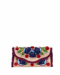 Tory Burch Embroidered Floral Flap Clutch Bag Naturalredblue