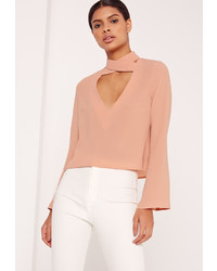 Missguided Flared Sleeve Cross V Neck Blouse Nude