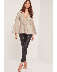 Missguided Faux Suede Flared Sleeve Tie Waist Blouse Tan