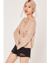 Missguided Petite Bell Sleeve Faux Suede Top Pink