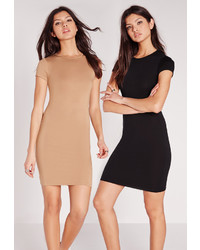 Missguided 2 Pack Jersey Short Sleeve Bodycon Dress Camelblack