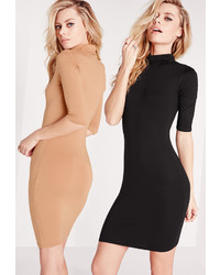 Missguided 2 Pack Jersey Turtle Neck Bodycon Dress Camelblack