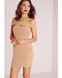 Missguided Cut Out Panel Bardot Bodycon Dress Camel