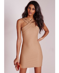 Missguided Double Cross Strap Bodycon Dress Camel