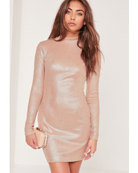 Missguided High Neck Shimmer Rib Bodycon Dress Nude