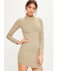 Missguided Nude Curve Hem High Neck Bodycon Thick Rib Dress