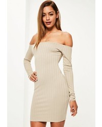 Missguided Nude Long Sleeve Thick Rib Bodycon Dress