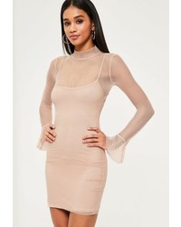 Missguided Nude Mesh Flared Sleeve Bodycon Dress