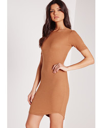 Missguided Ribbed Jersey Curve Hem Bodycon Dress Brown