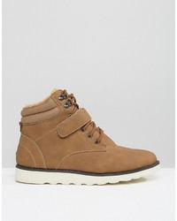 Brave Soul Lace Up Boots With Fleece Lining Tan
