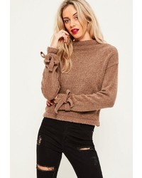 Missguided Brown Boucle Tie Sleeve Funnel Neck Sweater