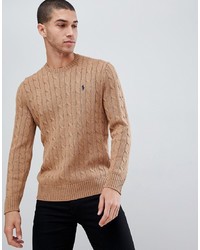 Polo Ralph Lauren Cable Cotton Knit Jumper With Player Logo In Camel Marl