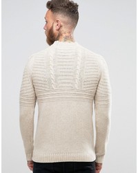 Asos Lambswool Rich Cable Sweater With High Neck In Oatmeal