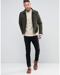 Asos Lambswool Rich Cable Sweater With High Neck In Oatmeal