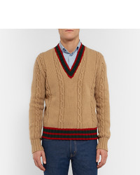 Gucci Slim Fit Striped Cable Knit Wool Sweater