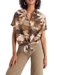 Tan Camouflage Short Sleeve Button Down Shirt
