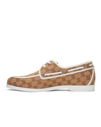 Gucci Brown And White Canvas Gg Boat Shoes