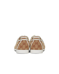Gucci Brown And White Canvas Gg Boat Shoes