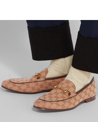 Gucci Jordaan Horsebit Leather Trimmed Monogrammed Canvas Loafers
