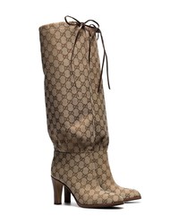 Gucci Brown Lisa 85 Knee High Drawstring Gg Logo Boots