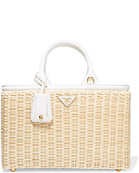 Prada Midollino Large Leather Trimmed Canvas And Wicker Tote Beige