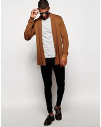 Asos Brand Open Front Cardigan In Merino Wool Mix With Texture Lapel