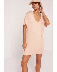 Missguided Wide V Neck T Shirt Dress Nude